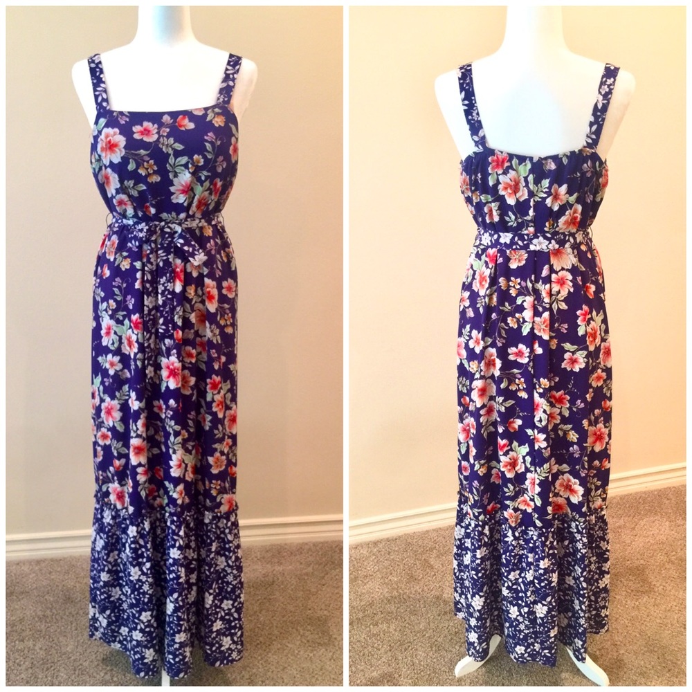 L purple pink floral maxi dress tie waist ruffle spring summer flowy vacation